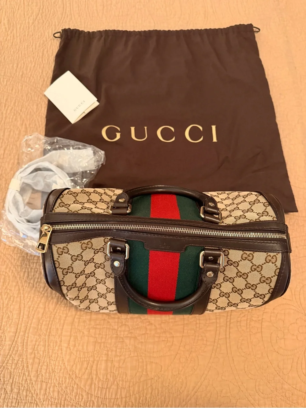 Gucci Brown GG Canvas Boston Tote with Green and Red Web